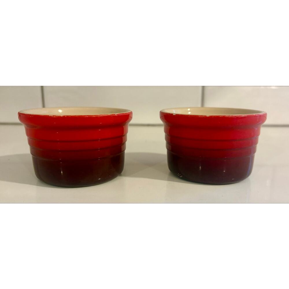 Pair of Le Creuset Red Ombre Stoneware Ramekins Cups